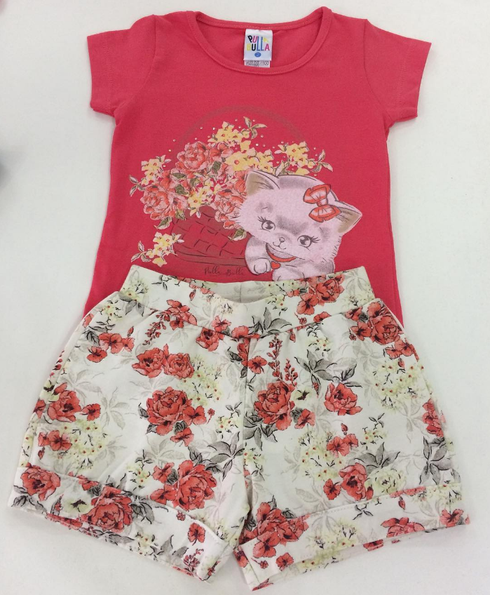 CONJUNTO SHORT DE FLORES COM BLUSA ROSA DE GATINHA