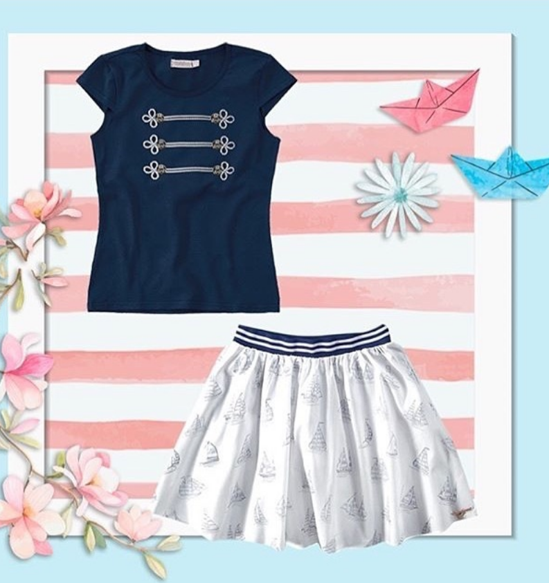 CONJUNTO SAIA BRANCA COM BLUSA AZUL MARINHO