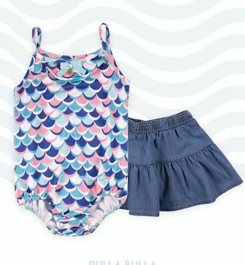 CONJUNTO BODY ESCAMAS COM SAIA JEANS